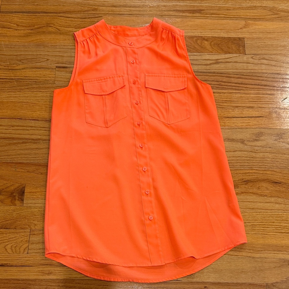 Sleeveless Neon Orange Button-Up Blouse